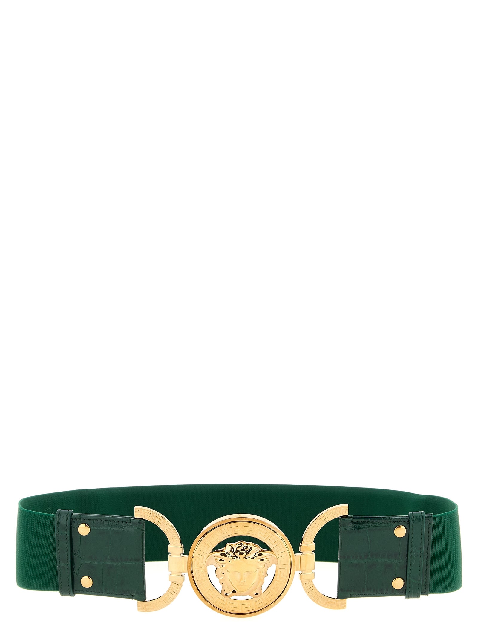 Versace Medusa 95 Elastic Belt — Green Leather Detail