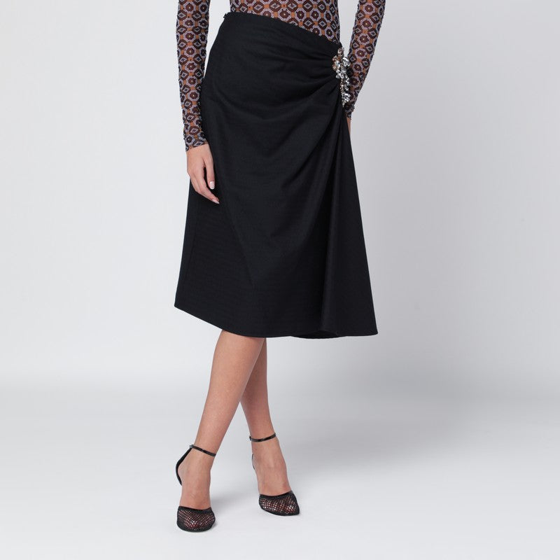 Dries Van Noten navy blue draped skirt with crystal brooch