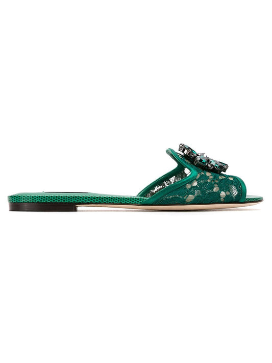 Dolce & Gabbana Green Lace Sandals — Crystal-Embellished