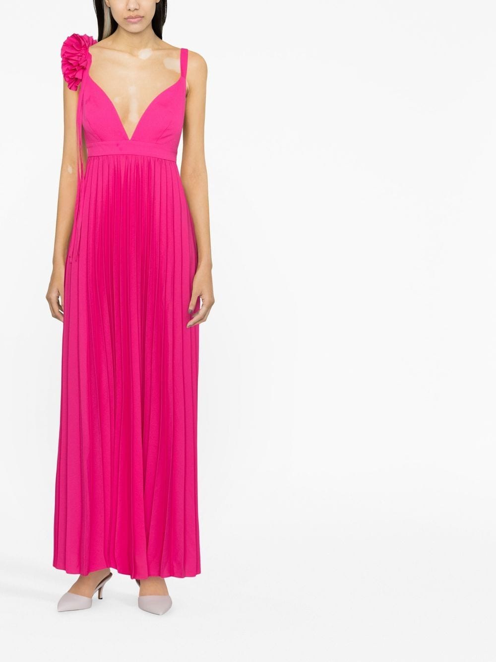 Parosh Palmer pleated maxi dress — Fuchsia floral V‑neck