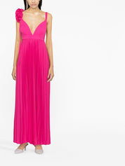 Parosh Palmer pleated maxi dress — Fuchsia floral V‑neck
