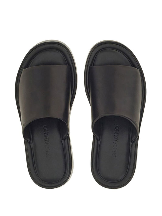 Ferragamo Sandals Black — Leather Crossover Slides