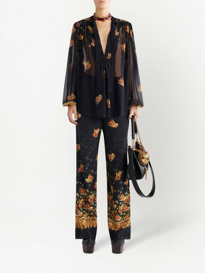 Etro Trousers Black — Silk Paisley Straight Trousers