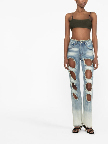 Blue Distressed Straight‑Leg Jeans — Rui RUI