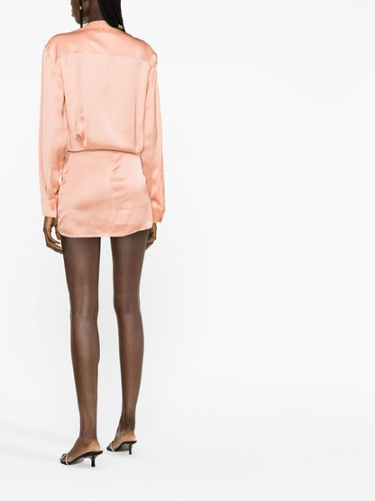 Off White Pink Satin Twist‑Detail Shirt Dress