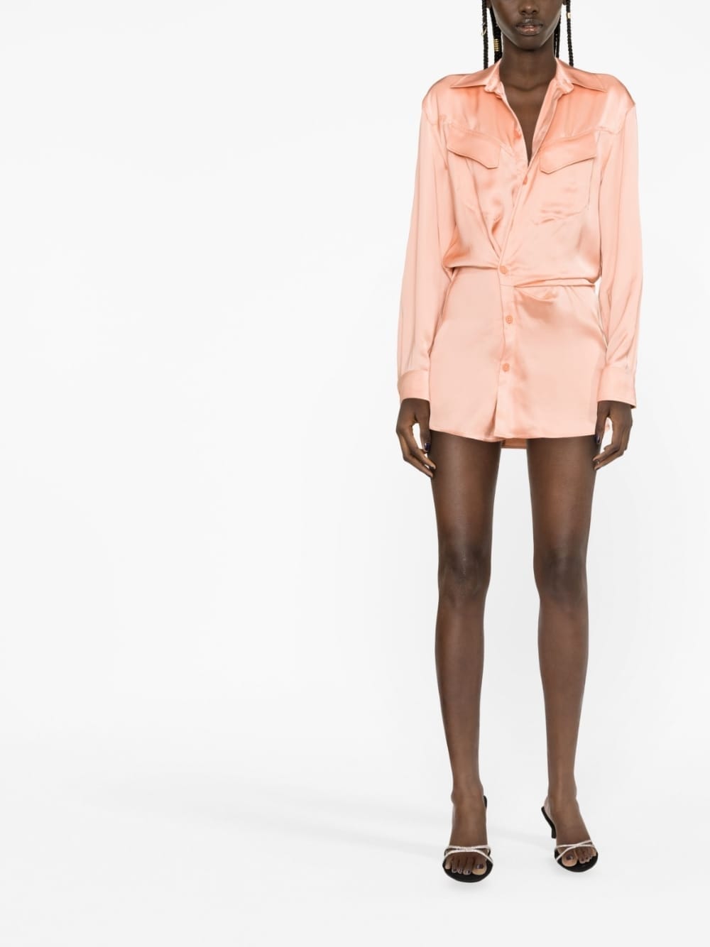 Off White Pink Satin Twist‑Detail Shirt Dress