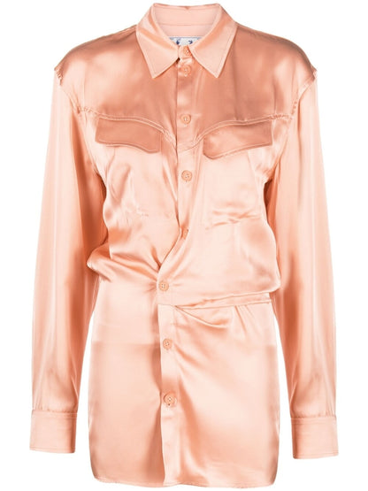 Off White Pink Satin Twist‑Detail Shirt Dress