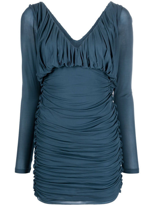 Saint Laurent Blue V-neck Draped Mini Dress