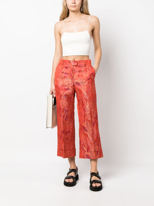 Red Cropped Jacquard Trousers — Alberto Biani