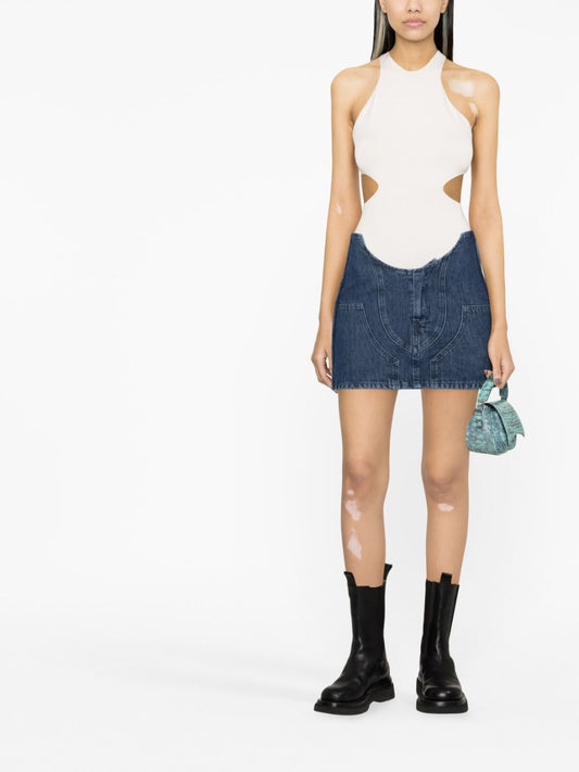 Blue Cotton Miniskirt — Off White High-Rise Cut-Out