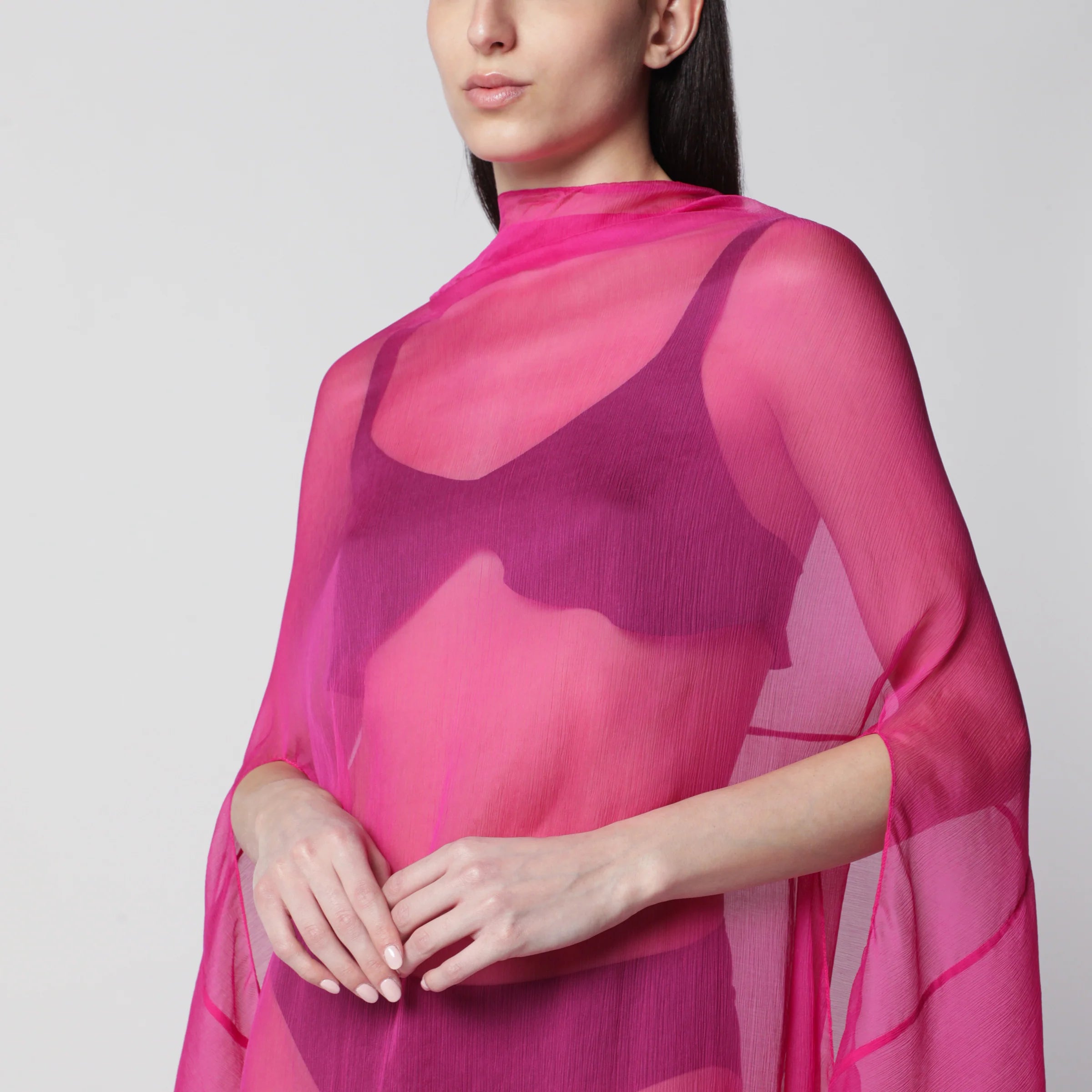 Dries Van Noten Wide Cape Dress Fuchsia in Sheer Silk