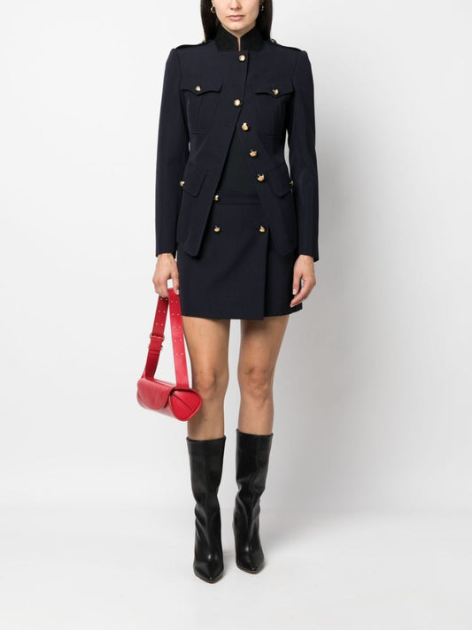 Blue Wool‑Cotton Mini Wrap Skirt — Structured Navy Elegance