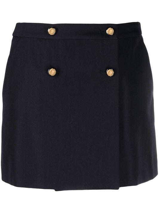 Blue Wool‑Cotton Mini Wrap Skirt — Structured Navy Elegance