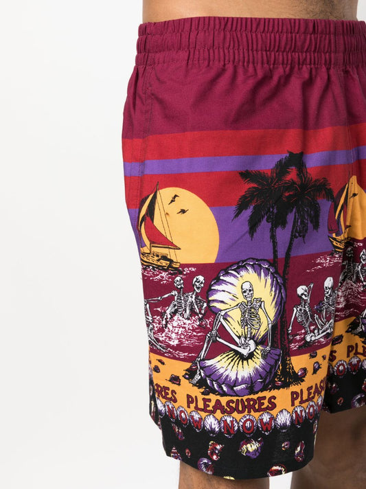 Pleasures Shorts Bordeaux — Cotton Illustration-Print Shorts
