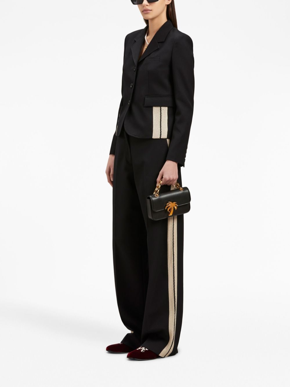 Palm Angels Trousers Black — Knit‑Tape Straight Wool Blend