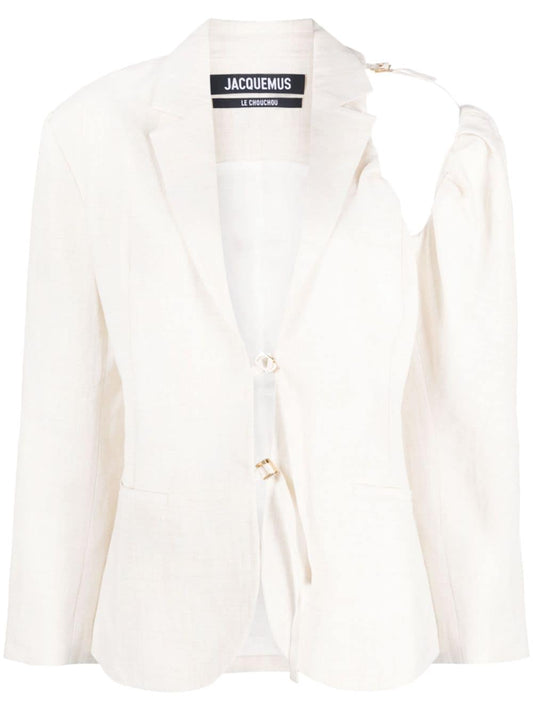 Jacquemus Galliga Asymmetric Blazer — White Linen Jacket