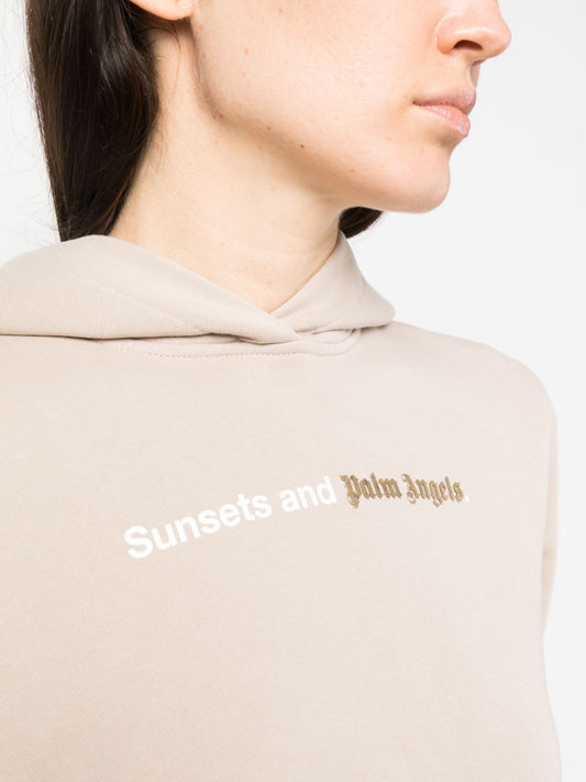 Palm Angels beige cotton logo hoodie — slouchy sweater