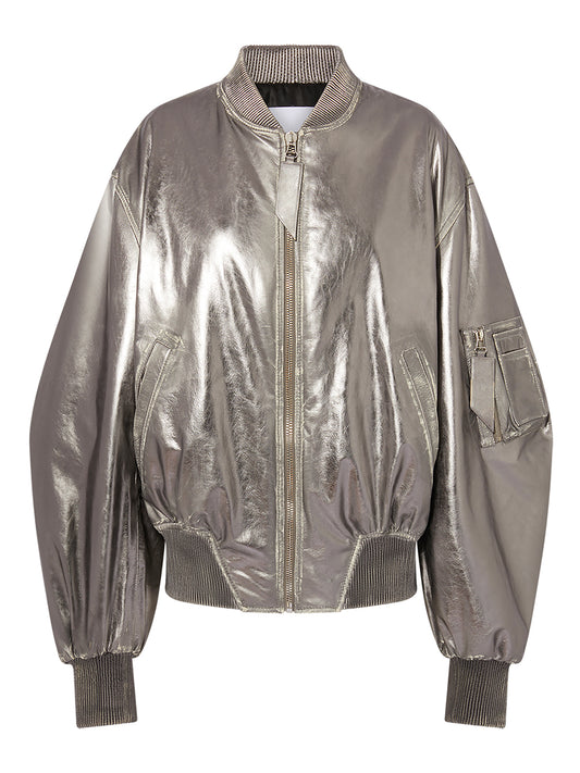 Silver Mirrored Leather Bomber Jacket — The Attico