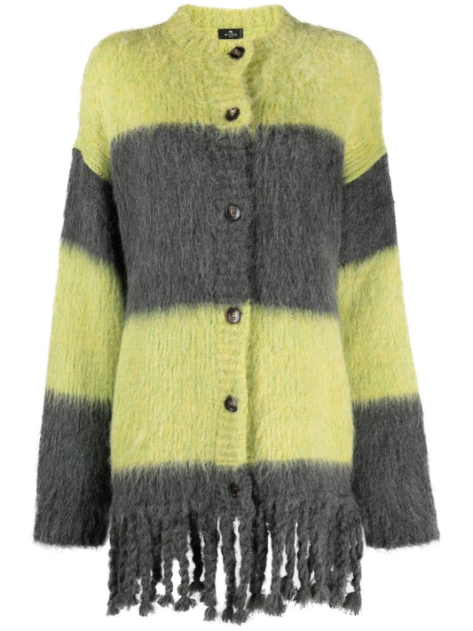 Etro Yellow Wool‑Blend Cardigan — Striped Fringed Sweater