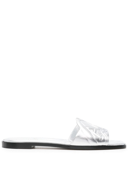 Alexander McQueen Sandals Silver — Metallic Calf Leather Slip‑On