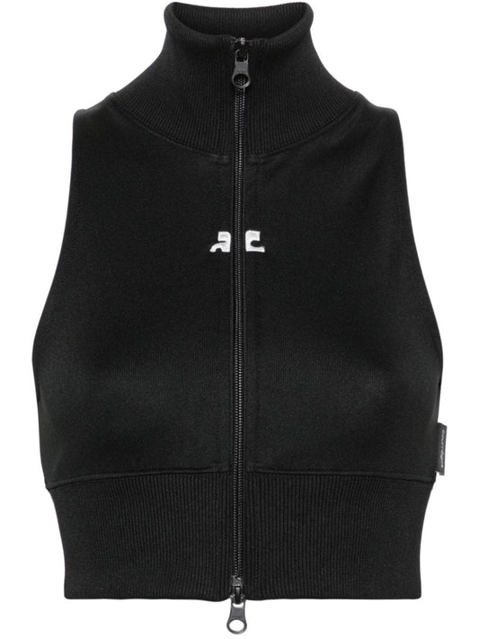 Suéter Courreges Pre, negro, corto, sin mangas y con cremallera