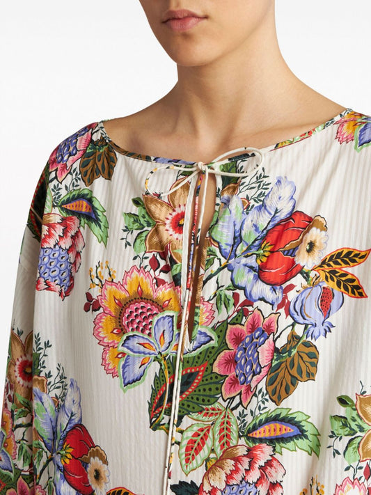 Etro Top White cotton silk blend — Floral Stripe Tie‑Neck