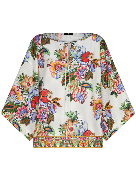 Etro Top White cotton silk blend — Floral Stripe Tie‑Neck