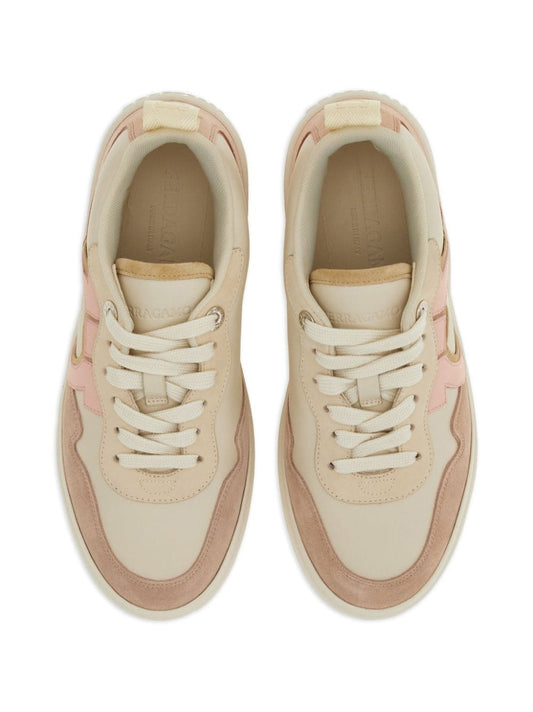Ferragamo Powder Leather Sneakers — Cream & Blush Suede