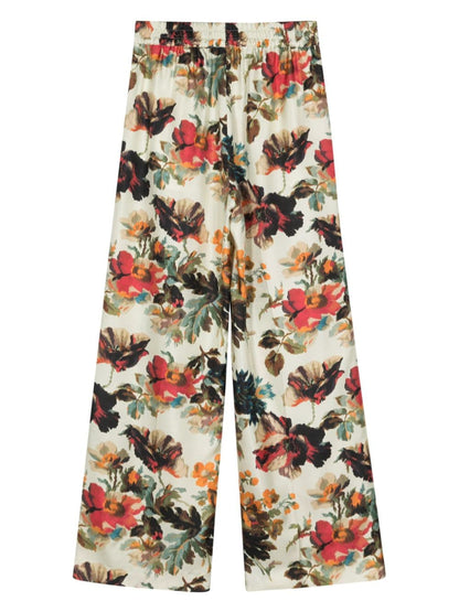 White Silk Floral Print Trousers