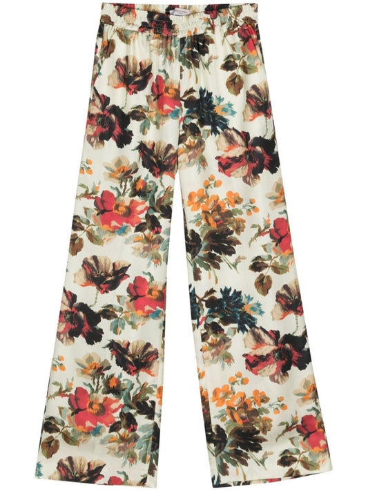 White Silk Floral Print Trousers