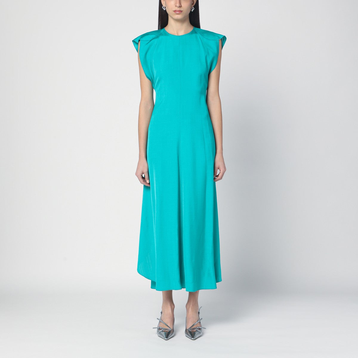 Vestido midi color pavo real con mangas con capucha de Victoria Beckham