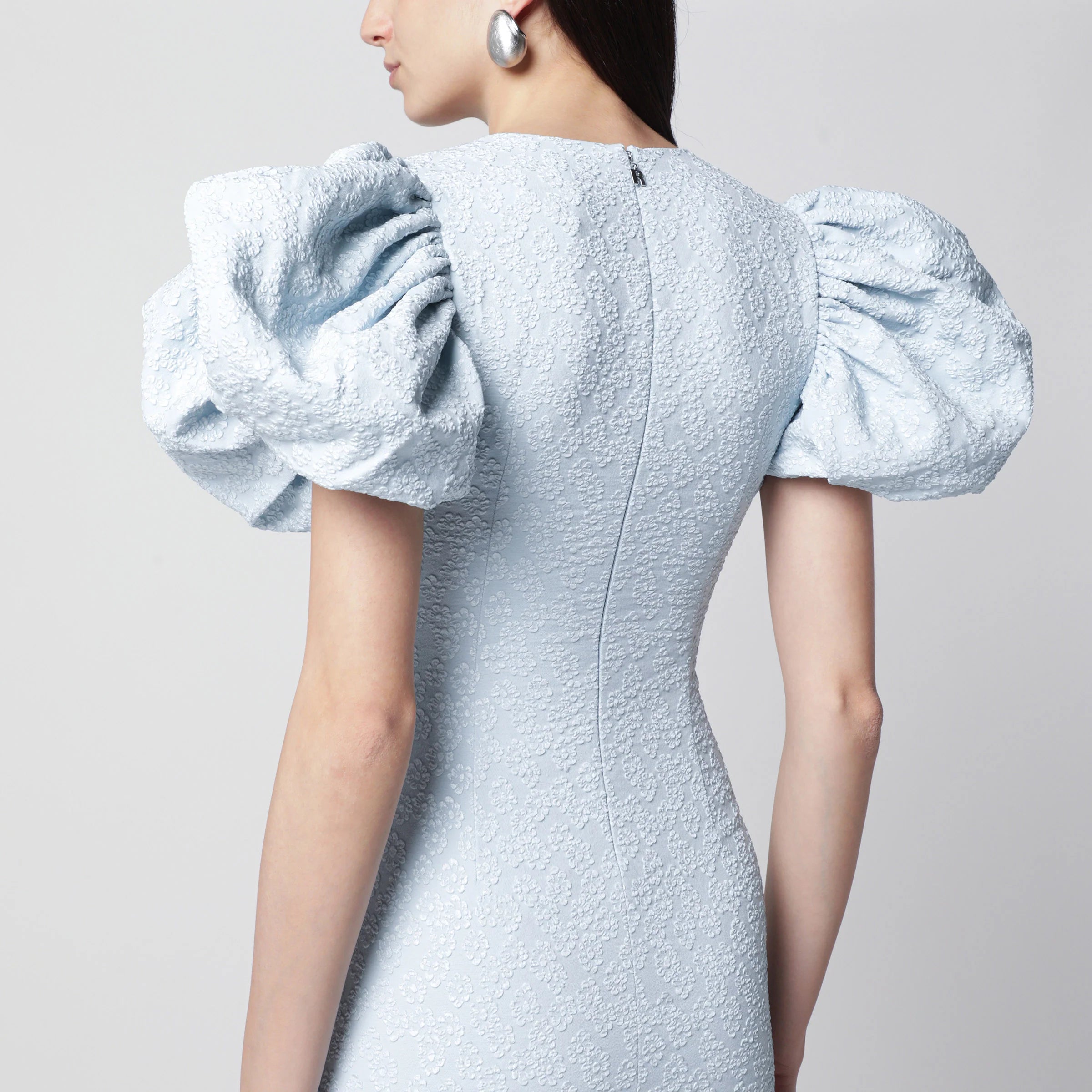 ROTATE Light blue balloon jacquard midi dress