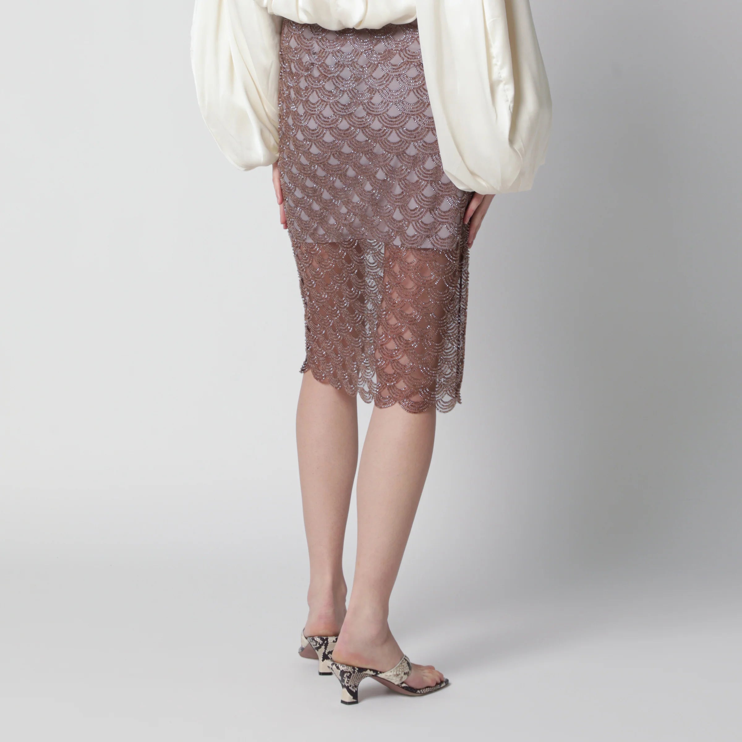 ROTATE Sequin midi skirt with scalloped hem in gull grey