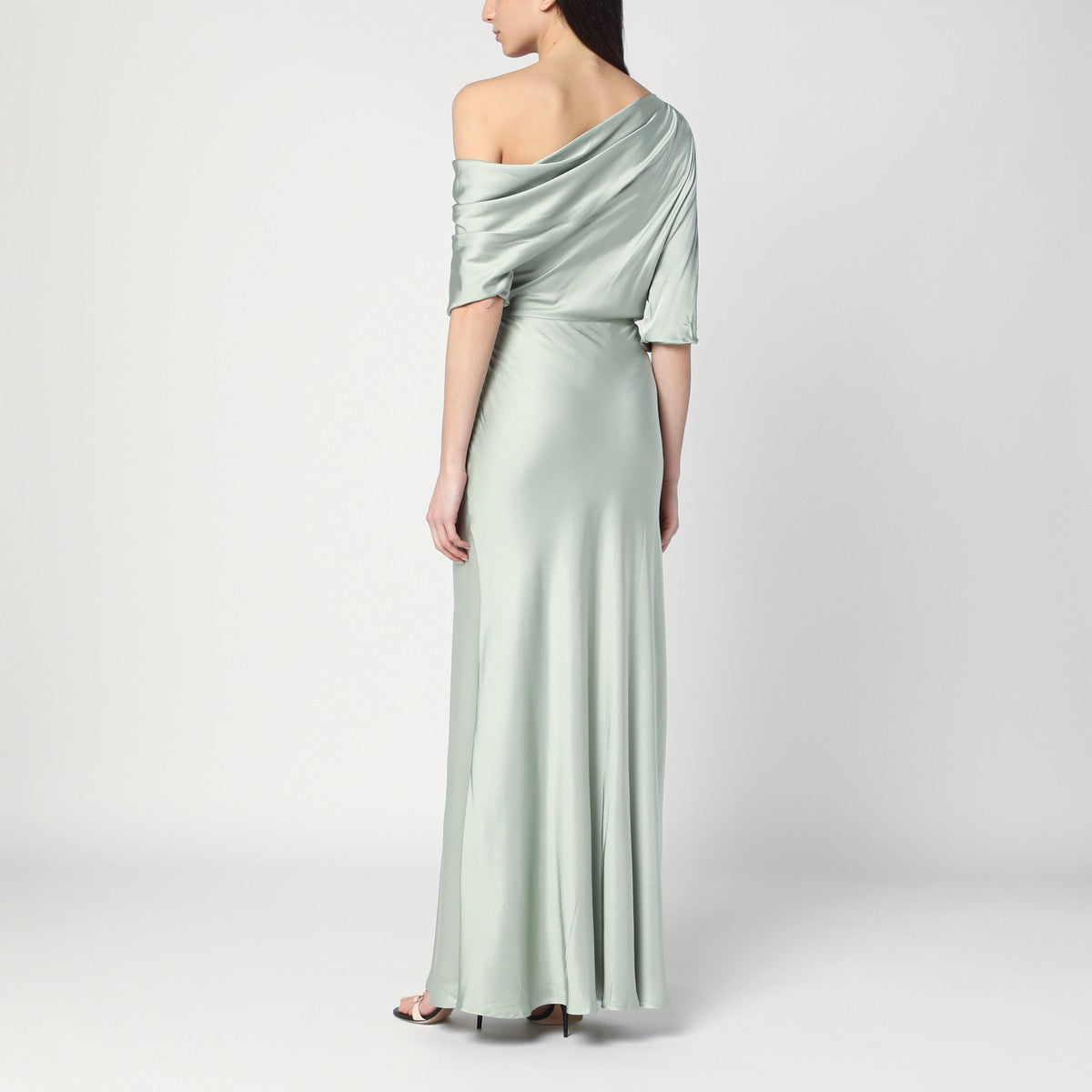 Malina Asymmetrical Long Dress Marisa — Light Green Satin