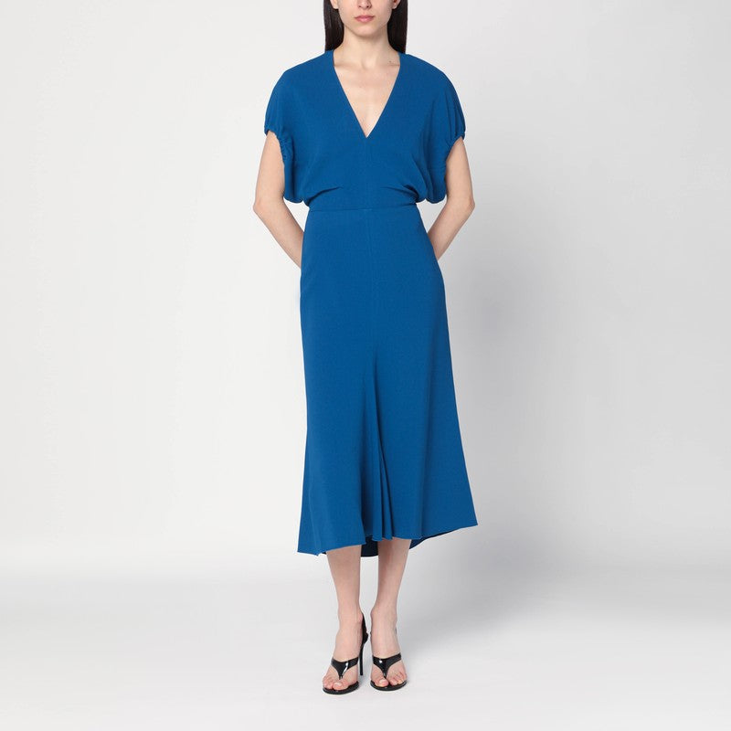 Vestido midi azul zafiro con bajo asimétrico de Victoria Beckham