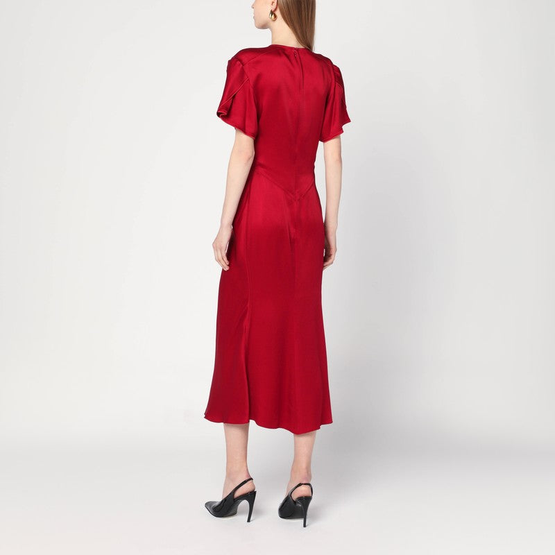 Vestido midi rosa fucsia con cintura fruncida de Victoria Beckham