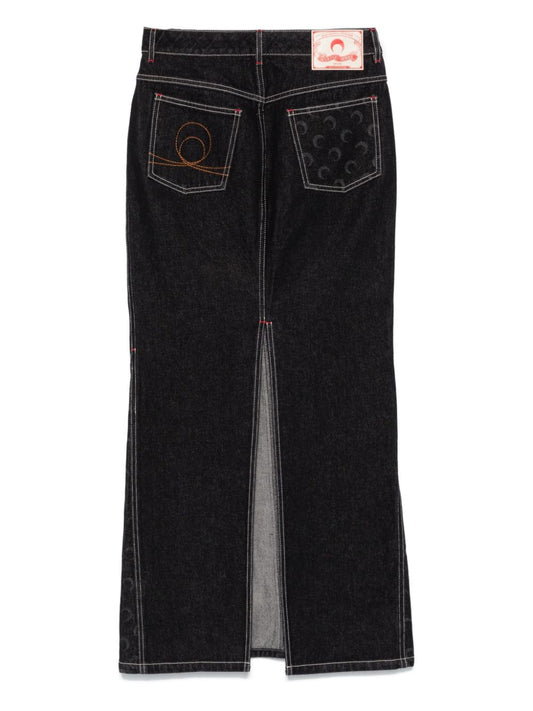 Marine Serre Black Denim Long Skirt — Crescent Moon Detail