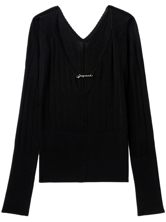 JACQUEMUS Black Ribbed Knit Sweater — V‑Neck Elegance
