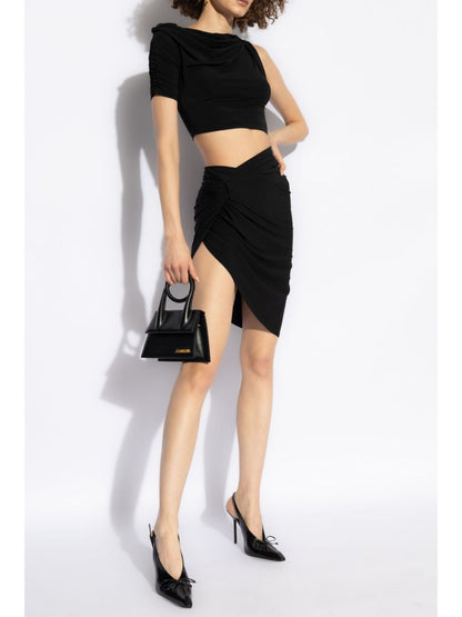 JACQUEMUS Black Skirts — Draped High‑Waist Mini