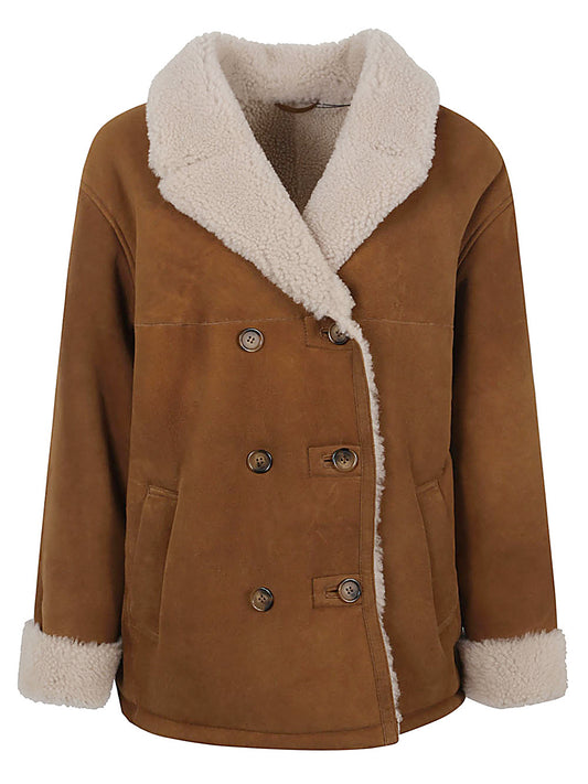 ENES Coats Camel — Leather Coat with Fur Lapels