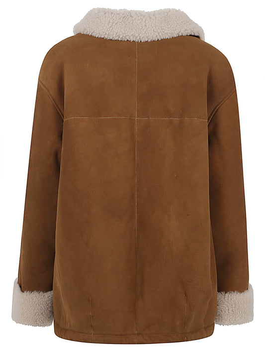 ENES Coats Camel — Leather Coat with Fur Lapels