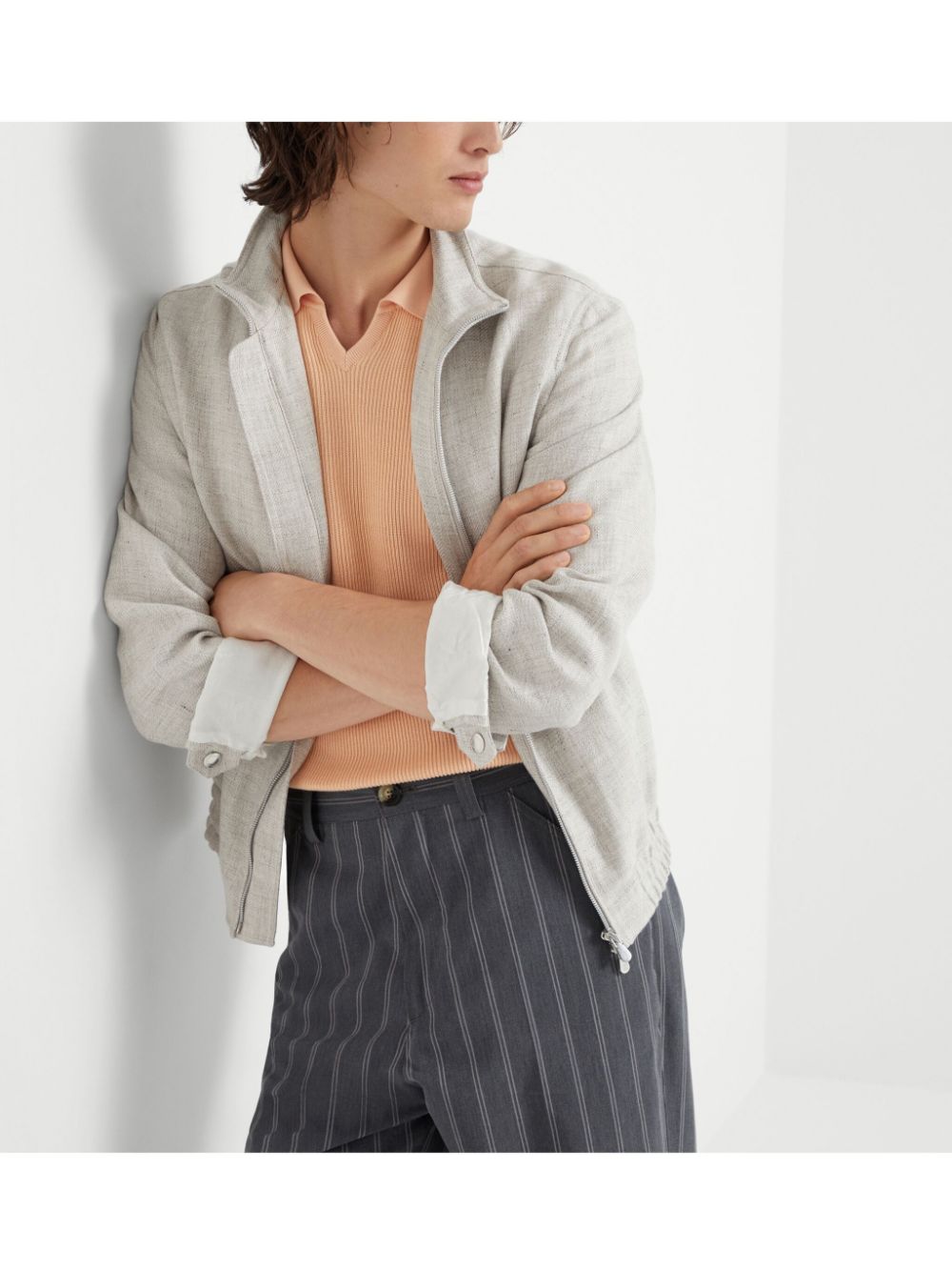 Chaqueta de mezcla de lino beige Brunello Cucinelli Coats