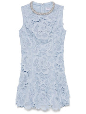 Self-Portrait Short Floral Lace Dress in Sky Blue
