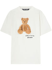 Palm Angels white T-shirt with teddy bear print, short sleeves, logo front.