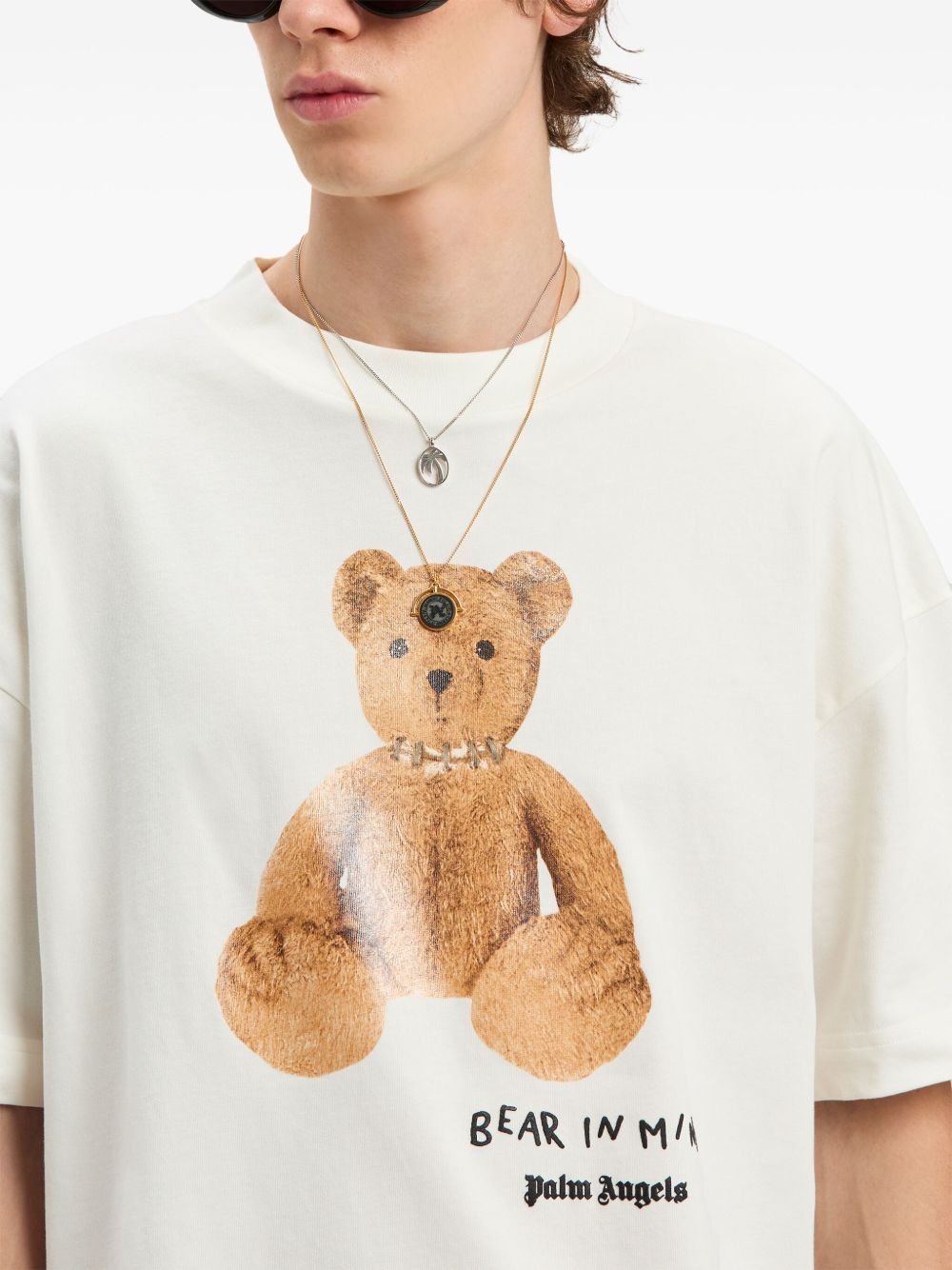 Palm Angels white T-shirt with bear logo, crew neck, short sleeves.