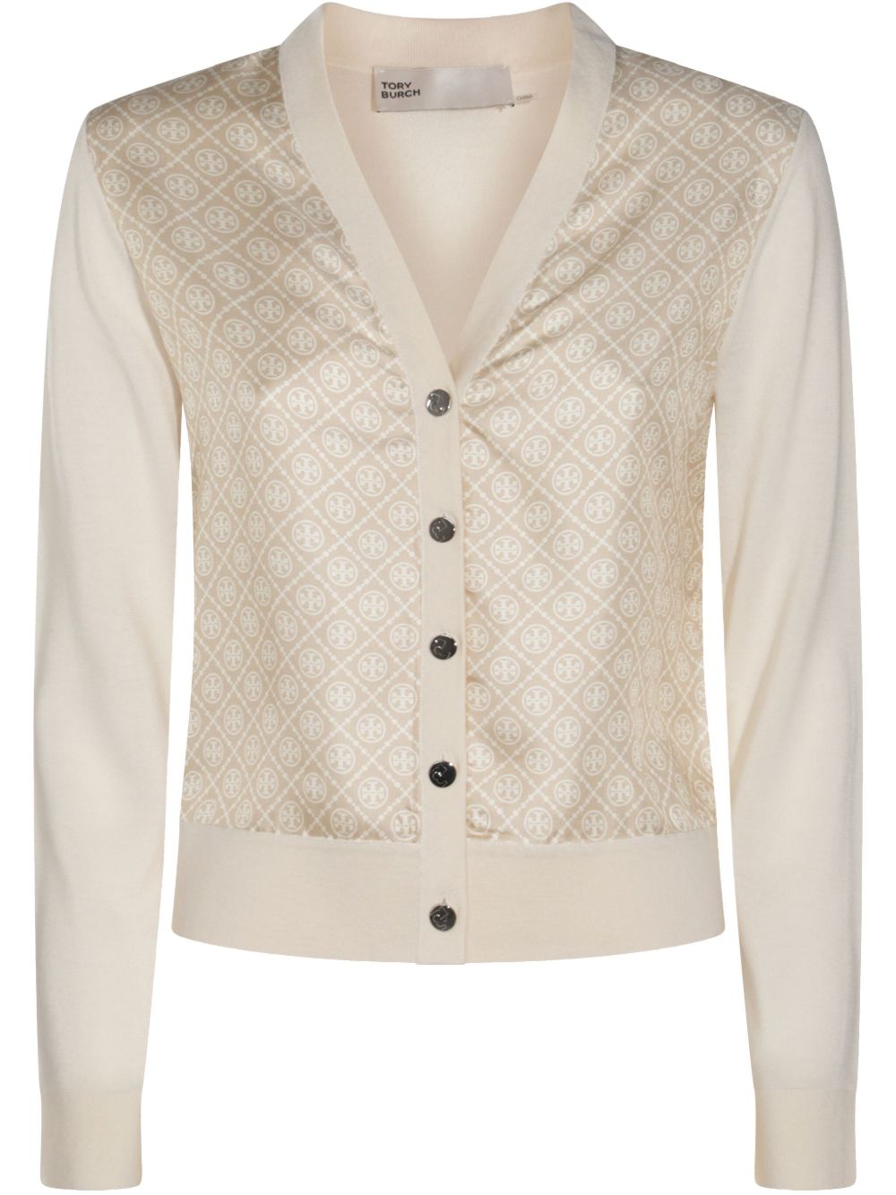 Tory Burch Sweaters Beige V-neck Logo Cardigan