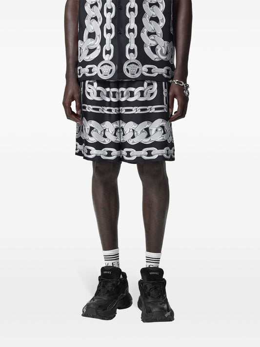 Versace Shorts Black — Knee‑Length Graphic Bermudas