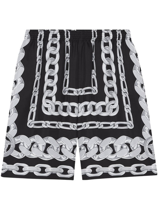 Versace Shorts Black — Knee‑Length Graphic Bermudas