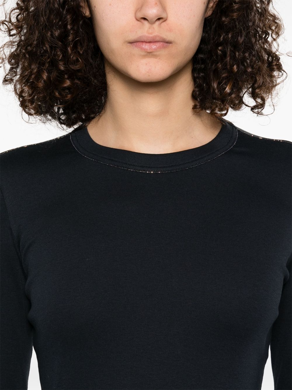 Fabiana Filippi Black Filo Diamante‑Detail T‑Shirt — Navy Cotton Crewneck