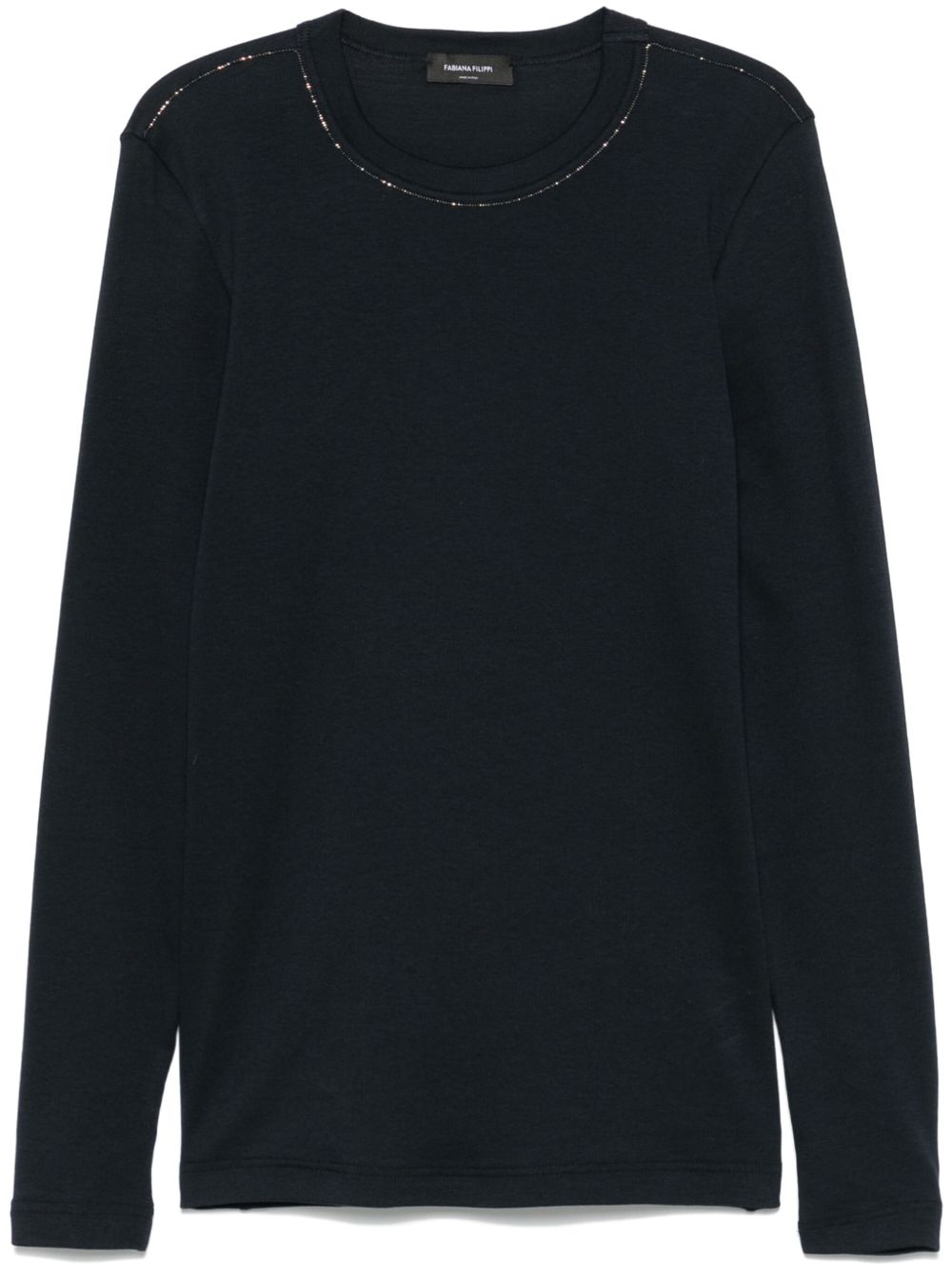 Fabiana Filippi Black Filo Diamante‑Detail T‑Shirt — Navy Cotton Crewneck